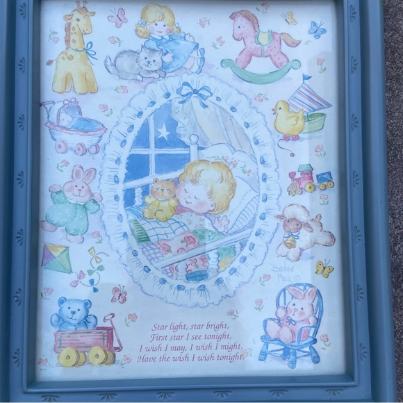 Vintage 60s children’s nursery illustration lullaby pastel in blue frame home - Picture 2 of 3